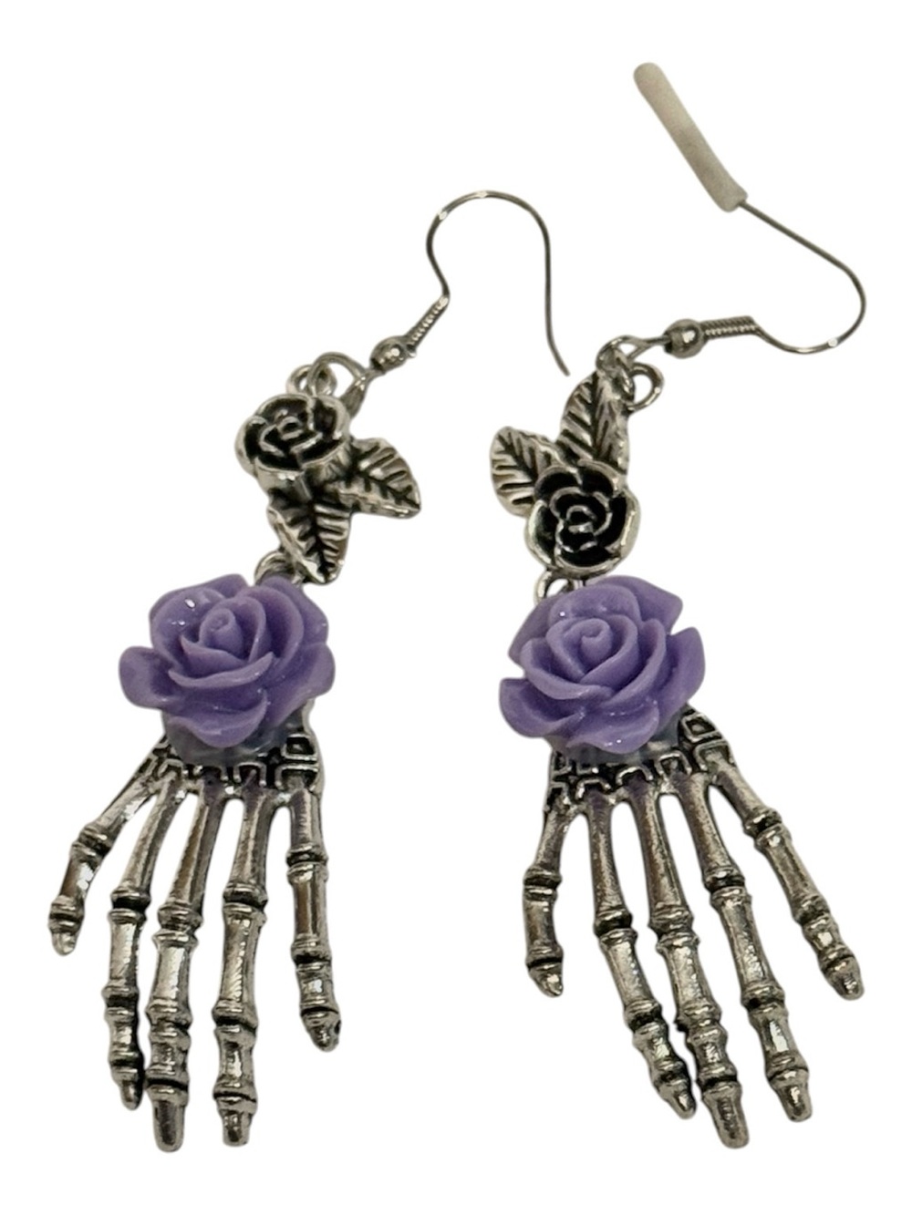 NWT Halloween Silver Skeleton Hand Earrings with Purple Rose Accent